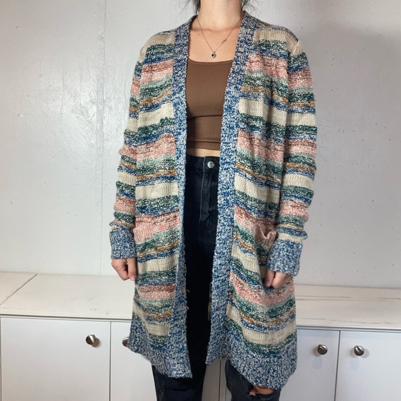 Knit Boho Striped Rag Rug Longline Cardigan Duster - Picture 2 of 9